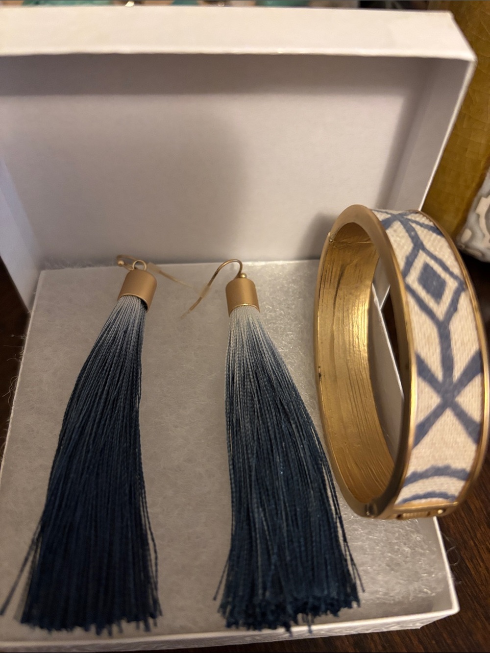 Lucky Brand Ombre Navy Blue Tassel Drop Earrings with Gold Accents